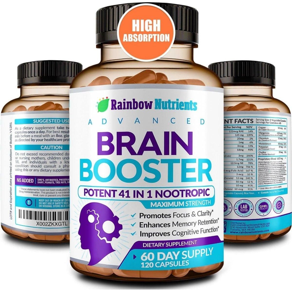 Rainbow Nutrients Advanced Brain Booster - 120 Capsules - Glam Global UK