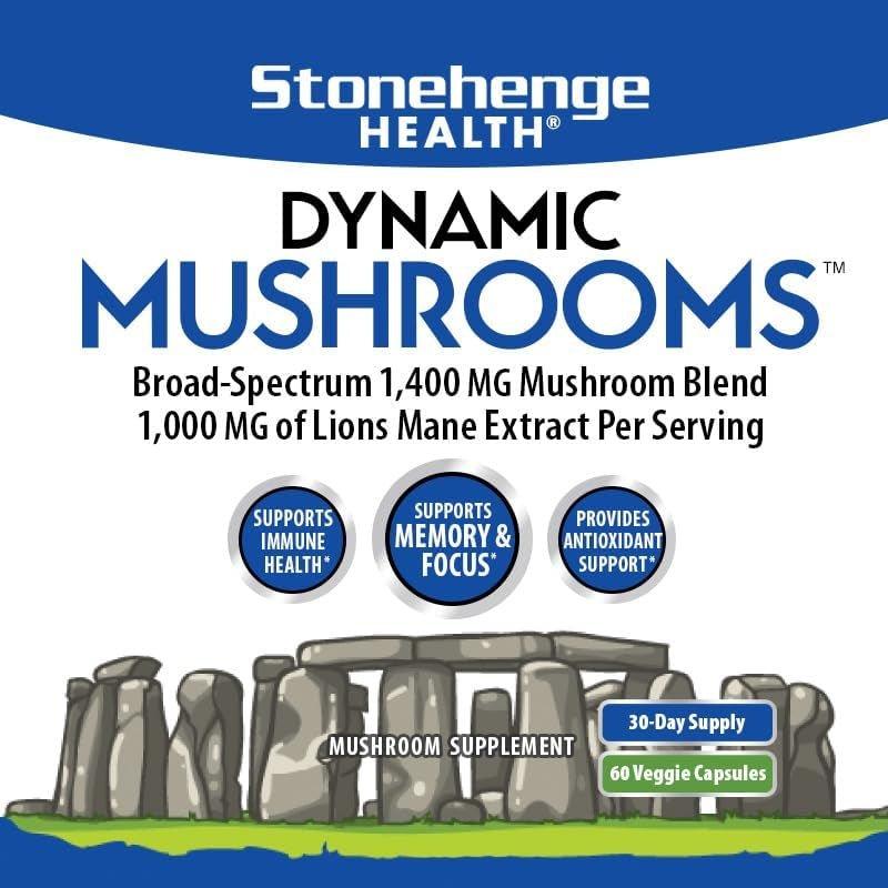 Stonehenge Health Dynamic Mushrooms - Nootropic Brain & Immune System Support - No Mycelium - 60 Veggie Capsules - Glam Global UK