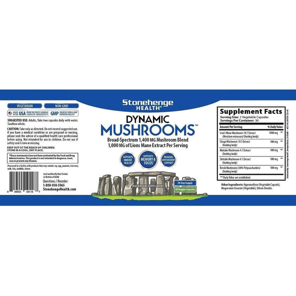 Stonehenge Health Dynamic Mushrooms - Nootropic Brain & Immune System Support - No Mycelium - 60 Veggie Capsules - Glam Global UKStonehenge Health