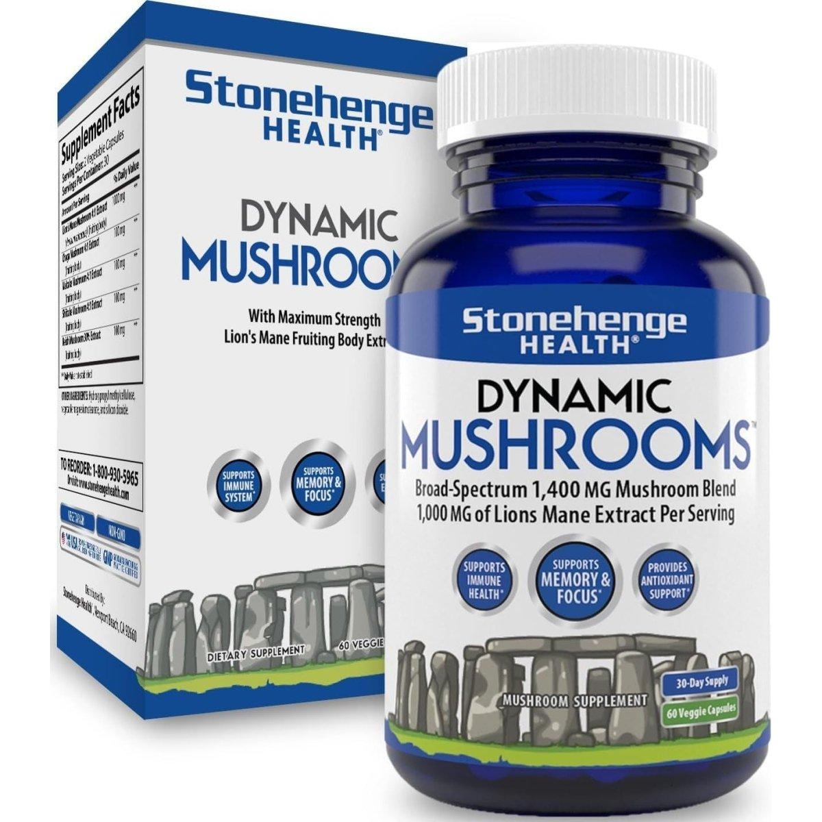 Stonehenge Health Dynamic Mushrooms - Nootropic Brain & Immune System Support - No Mycelium - 60 Veggie Capsules - Glam Global UK